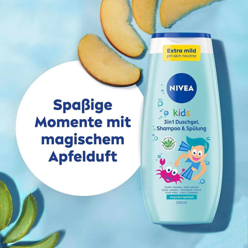 Gel de duș, șampon și balsam NIVEA KIDS 3in1, îngrijire și curățare pentru copii cu un parfum magic de mere, extra blând, îngrijire fără săpun pentru păr și piele pentru copii (250 ml) Copii - Baie si Skincare Naty Shop