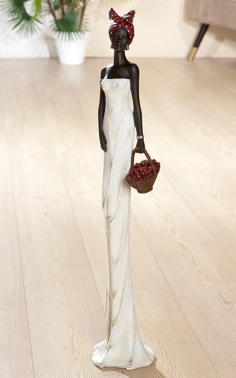 GILDE Figurină decorativă femeie africană Tortuga - Sculptură din rășină sintetică - Cadou decorare living pervaz - Culoare: maro, alb crem cu coș de fructe H 82 cm Statuete si sculpturi Naty Shop