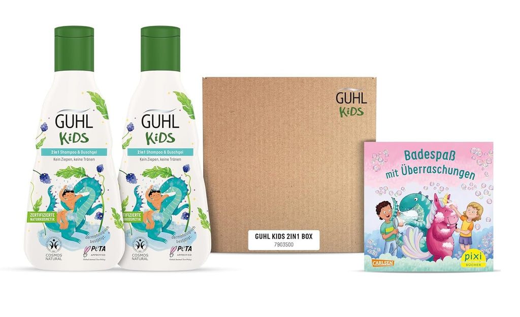 Guhl Kids Dino advantage set - 2x Guhl Kids 2 în 1 Șampon & Gel de duș, 250ml + 1x Pixi book - Special dezvoltat pentru copii - Nu se trage - Certificat Cosmos Natural Copii - Baie si Skincare Naty Shop