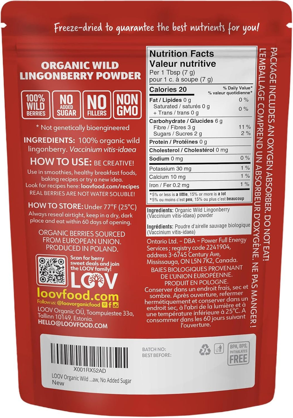 LOOV pulbere organică de afine, fabricată din afine sălbatice 100% întregi, liofilizate, recoltate în pădurile din nordul Europei, 113 g, fără zahăr adăugat Produse deshidratate Naty Shop
