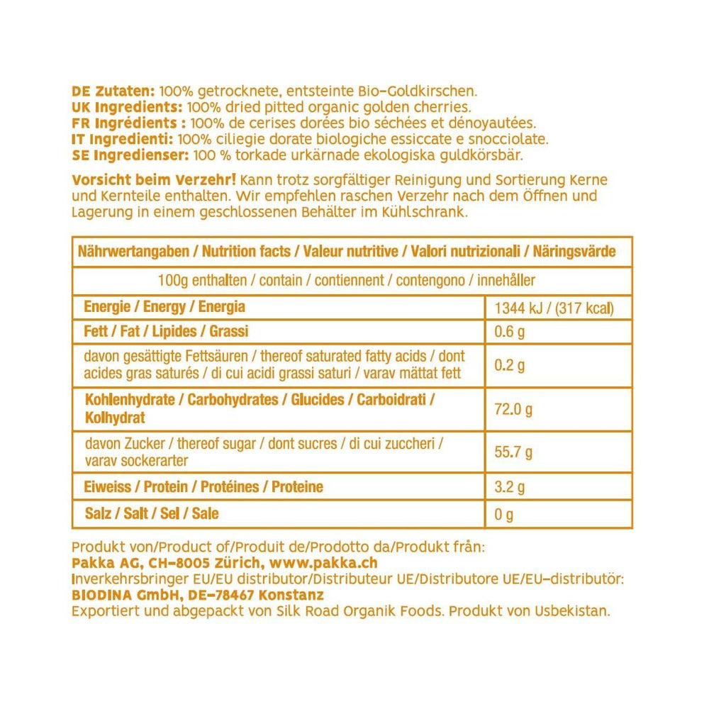 PAKKA - Cireșe de aur uscate la soare Organic Fairtrade 500g, cireșe galbene colectate sălbatice, neulei, neîndulcite, direct de la micii fermieri din Samarkand, Uzbekistan, vegan, 500g (1 pachet) Produse deshidratate Naty Shop