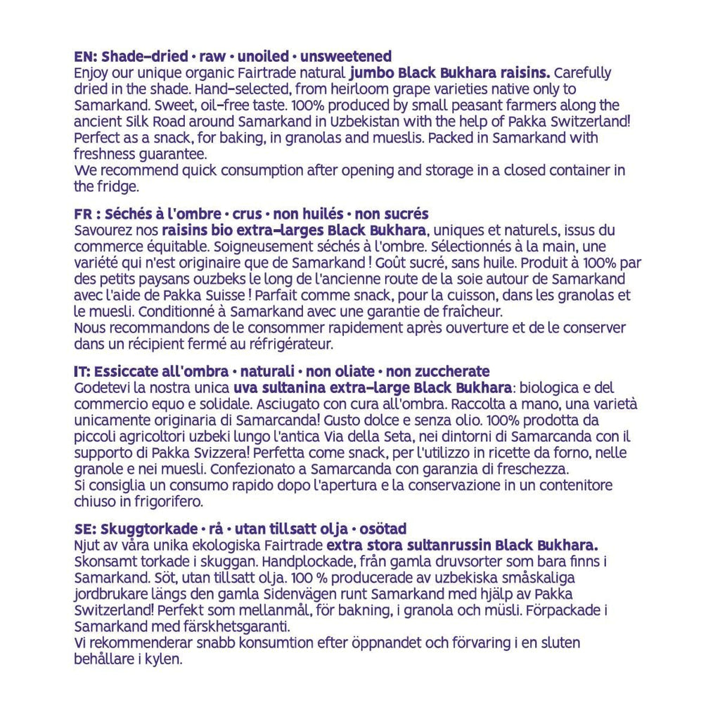 PAKKA - Stafide organice Fairtrade Bukhara 600g, fără semințe, struguri negri jumbo Bukhara uscați la umbră, fără ulei, deci lipicioși, nesulfurați, direct de la micii fermieri din Samarkand în Uzbekistan 600g Produse deshidratate Naty Shop