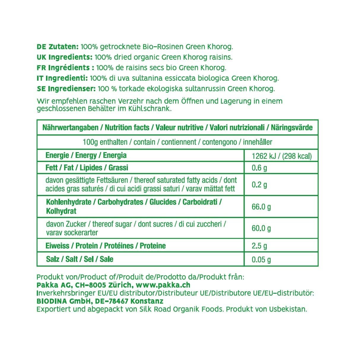 PAKKA - Stafide organice Fairtrade Green Khorog 750g, organice și Fairtrade, fără semințe, uscate la umbră, fără ulei, deci lipicioase, direct de la micii fermieri din Samarkand în Uzbekistan, vegan, 750g Produse deshidratate Naty Shop