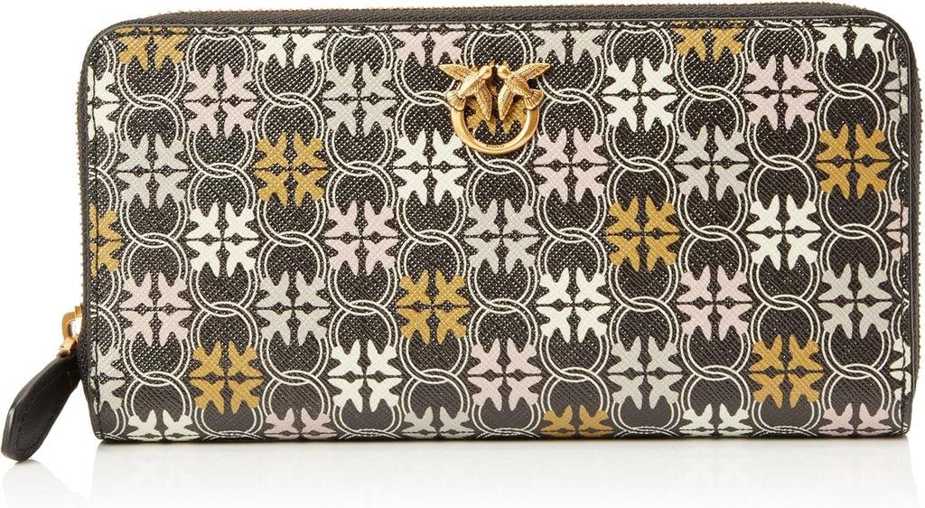 Pinko Women's Ryder Zip Around Leather Print Logo Travel Accessories Wallet, Zm7q_Black/Brown/White.Antique Go Portofel Femei Naty Shop Titlu implicit