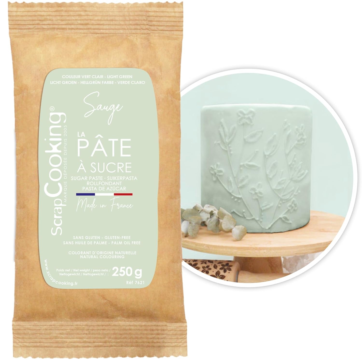 ScrapCooking - Pâte Ã Sucre Vert Sauge 250g - Colourant d'Origine Naturelle - Sans Gluten, Sans Huile de Palme - Pour Gâteaux, Pâtisseries Anniversaire - Vert Pastel - Fabriquée en France - 7621 Pasta de zahar Naty Shop Pastel roz nude