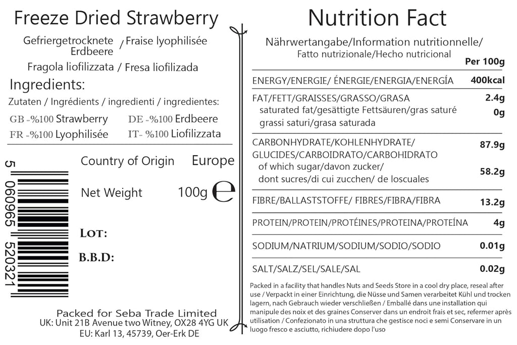 Seba Garden Premium căpșuni liofilizate, căpșuni mediteraneene delicioase, fără OMG și vegane (100 g) Produse deshidratate Magazinul meu