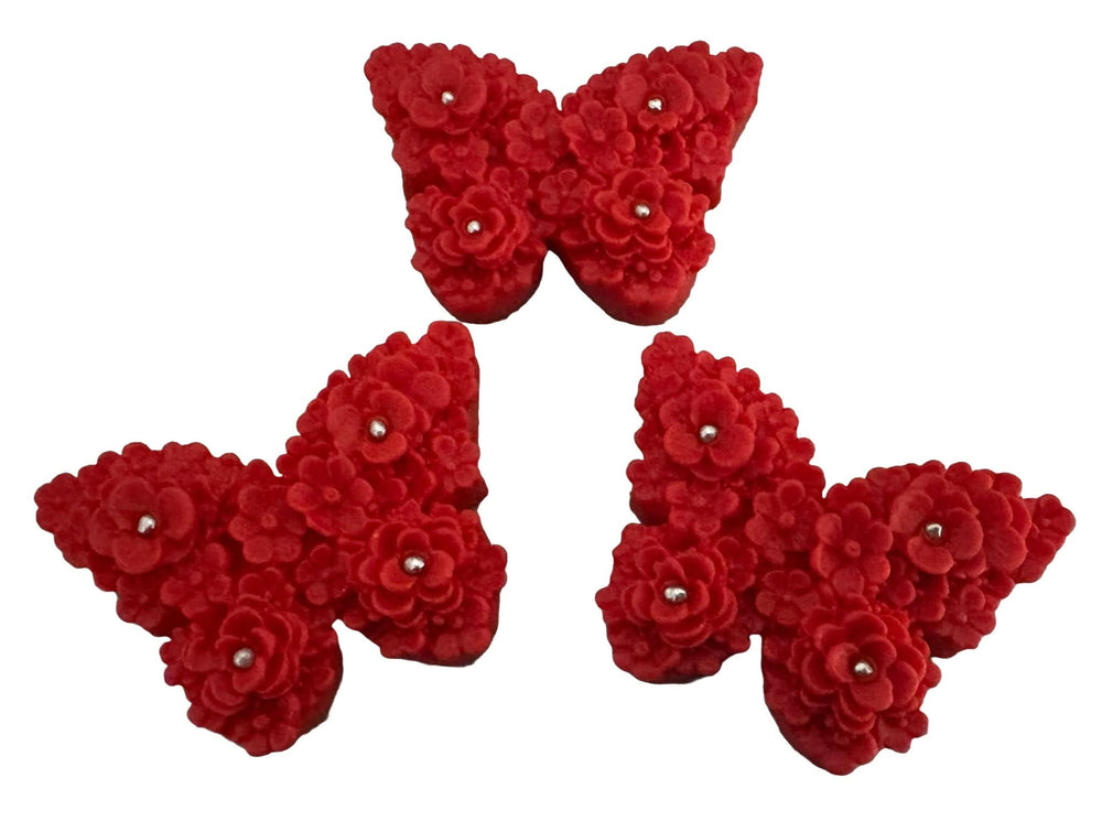 Set 3 decoratiuni comestibile din zahar, Fluturi rosii Decoratiuni din Pasta de Zahar Nati Shop