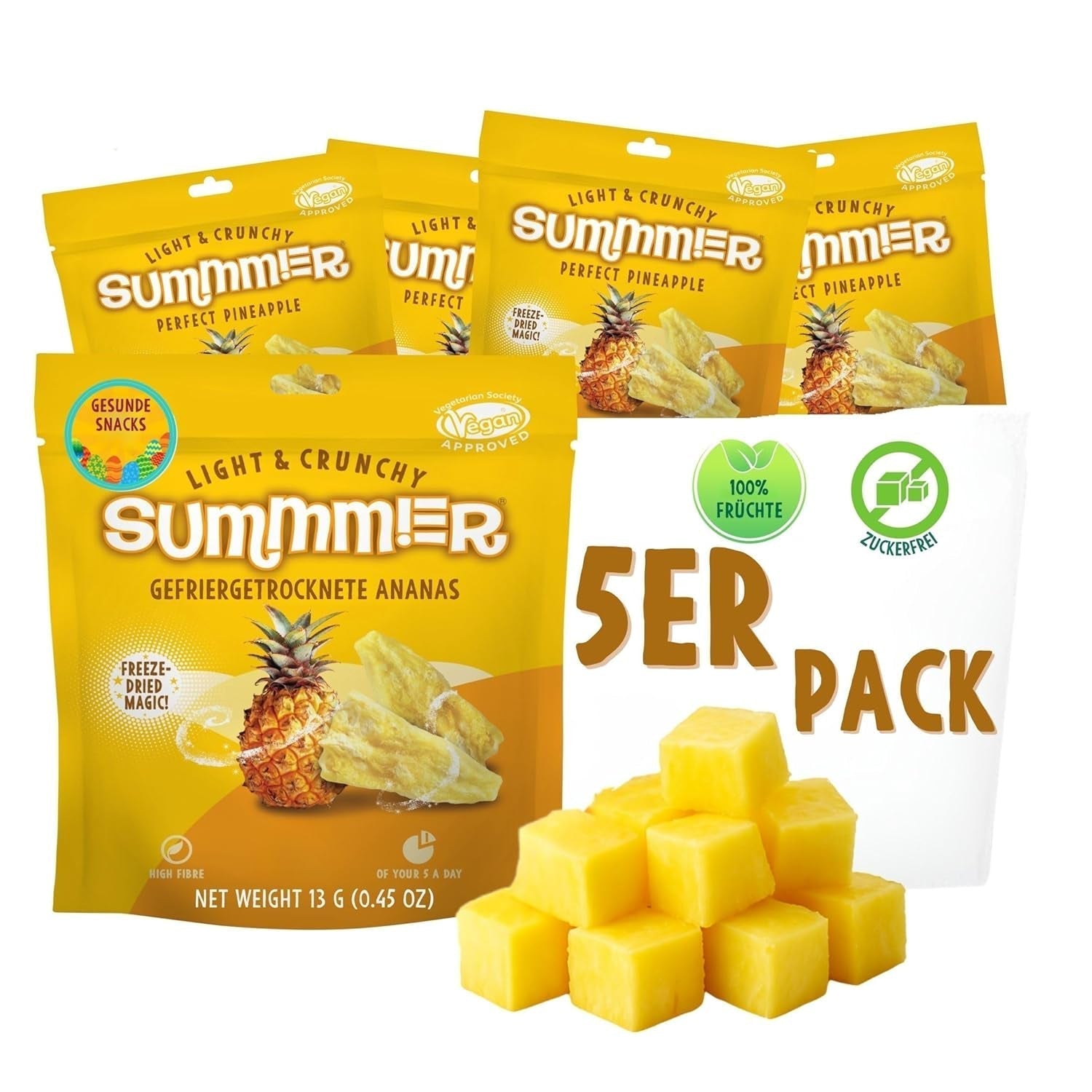 Summmer căpșuni liofilizate - pachet de 5 - fără zahăr, 100% naturale, delicioase gustări crocante pentru copii și adulți, ideale pentru cereale și cutii de prânz (55g) Produse deshidratate Naty Shop Pachet de 5 Ananas