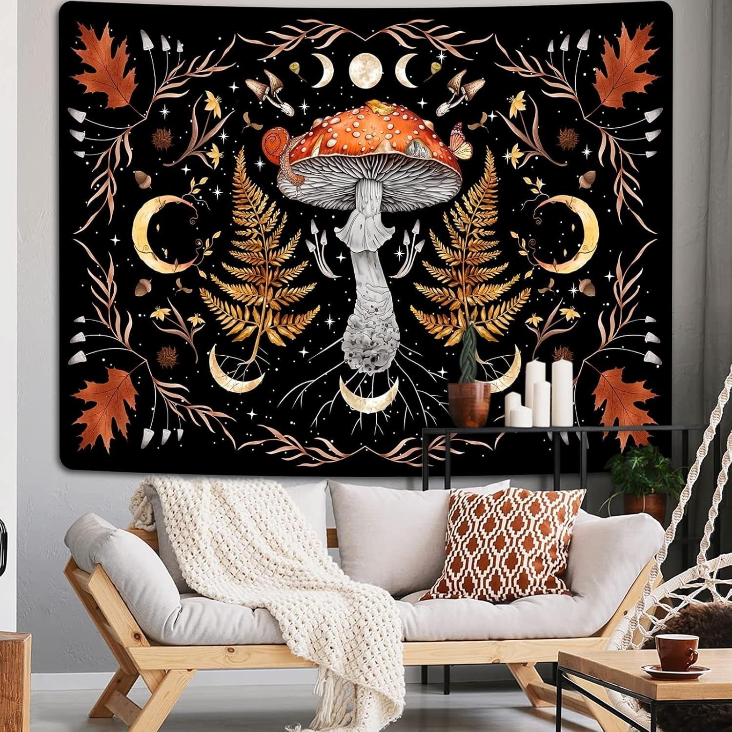 Tapiserie alishomtll vintage mushroom moon maple leaf botanical Casa - Accesorii si Decoratiuni Naty Shop