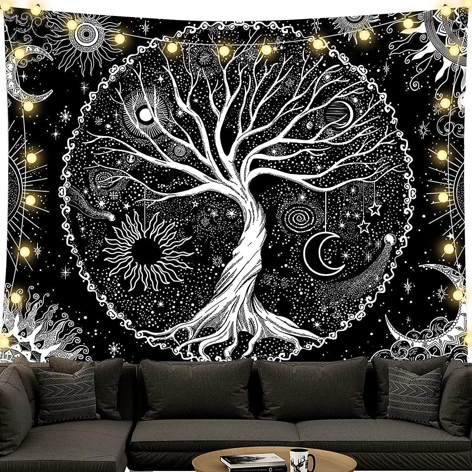 Tapiserie negru alb copac viata tapiserii faze luna Casa - Accesorii si Decoratiuni Naty Shop Copacul vieții 150L X 130B Cm