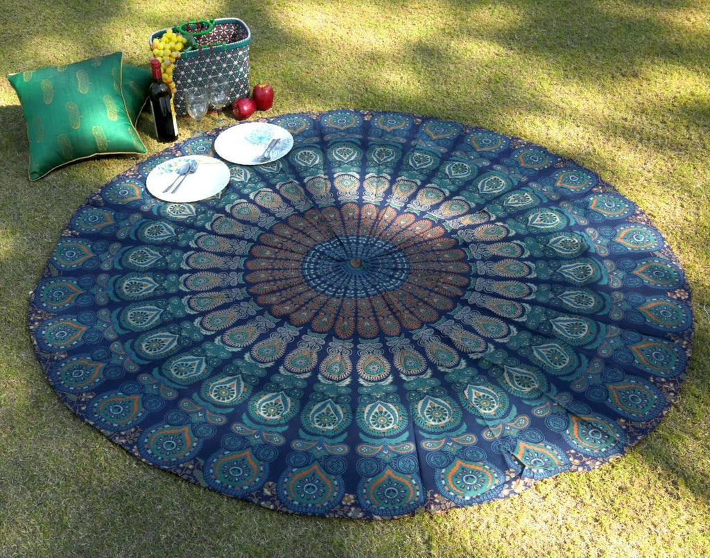 Tapiserie rotunda peacock mandala centimetri roundie hippie fata Casa - Accesorii si Decoratiuni Naty Shop Albastru verde 122L X 122B Cm