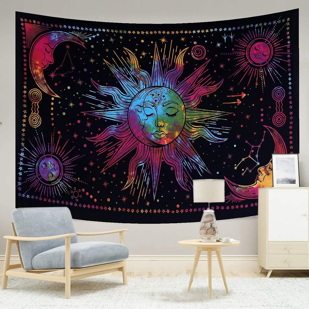 Tapiserie sun moon star spiritual asthetic rainbow bumbac Casa - Accesorii si Decoratiuni Naty Shop Curcubeu 150L X 137B Cm