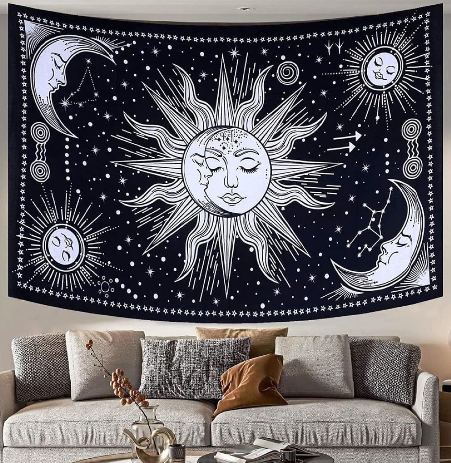 Tapiserie sun moon star spiritual asthetic rainbow bumbac Casa - Accesorii si Decoratiuni Naty Shop Negru / alb 102L X 77B Cm