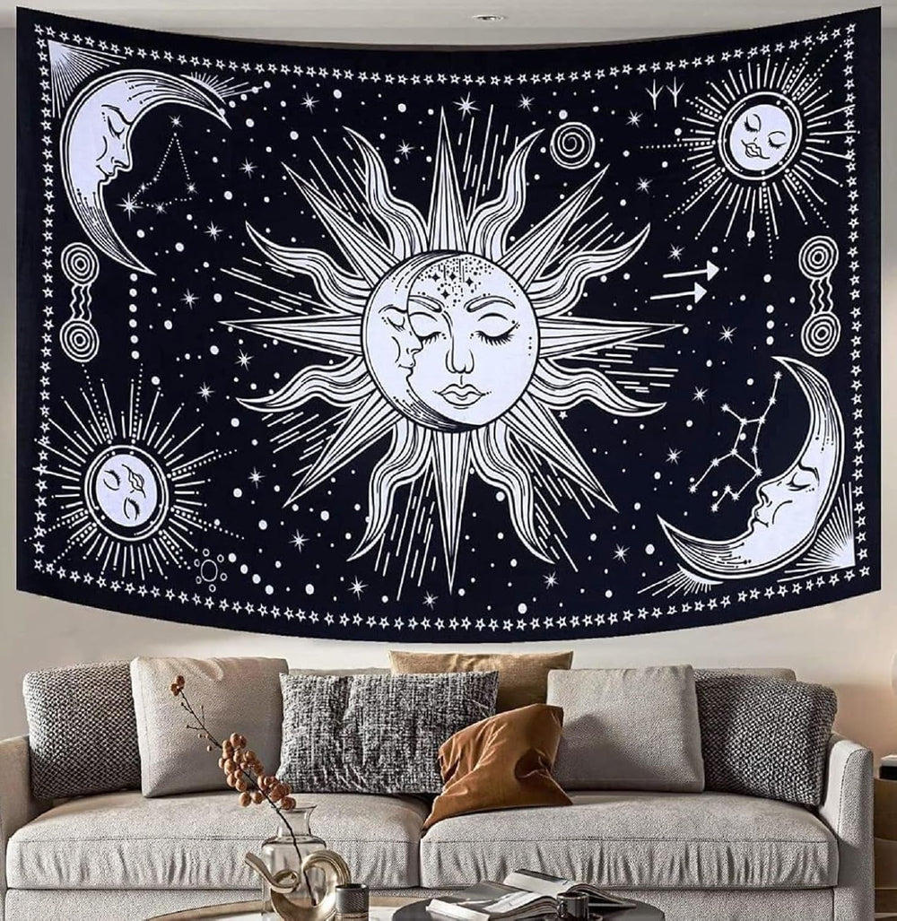 Tapiserie sun moon star spiritual asthetic rainbow bumbac Casa - Accesorii si Decoratiuni Naty Shop Negru / alb 102L X 77B Cm