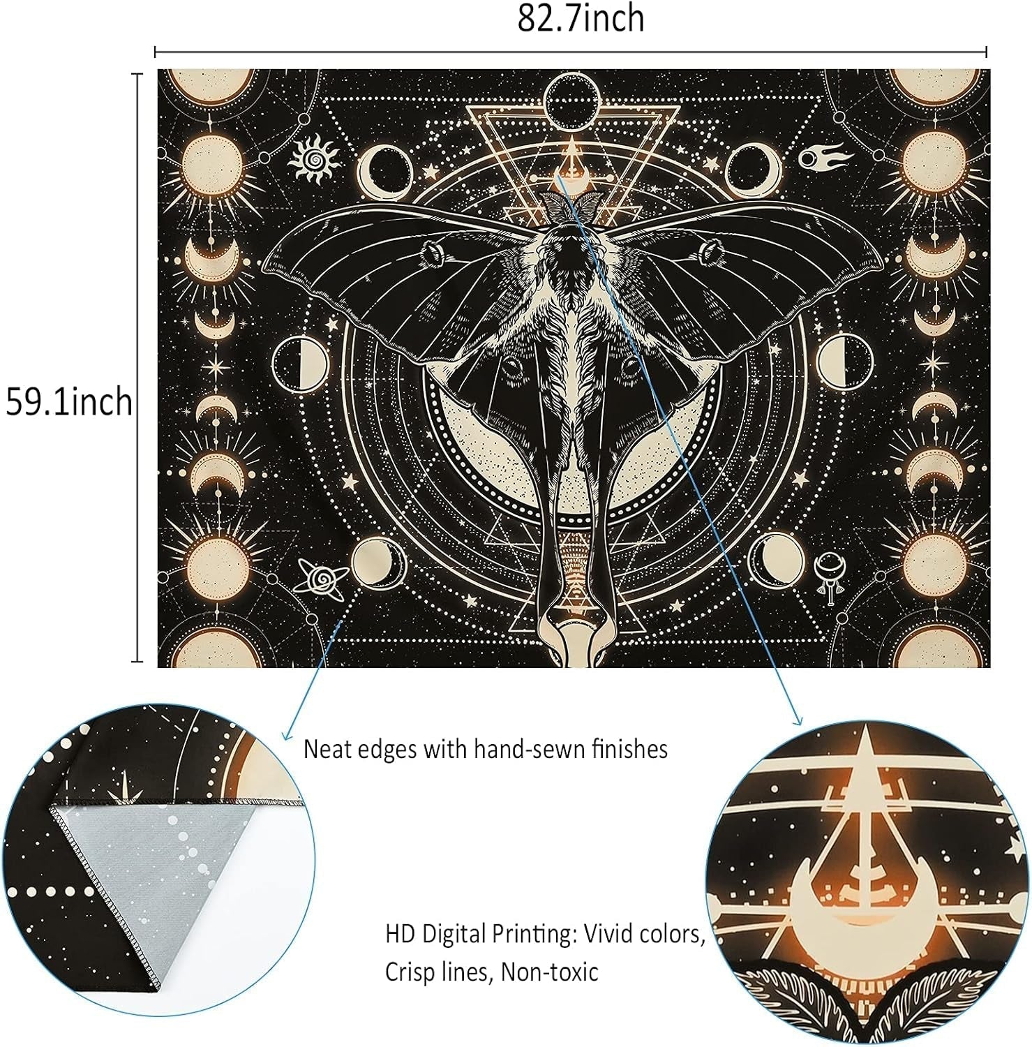 Tapiserie yrendenge moth negru sun moon natural Casa - Accesorii si Decoratiuni Naty Shop